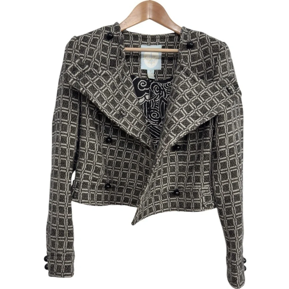 Tracy Reese Geometric Gray Wool Blend Double Breasted Cropped Jacket Size 4